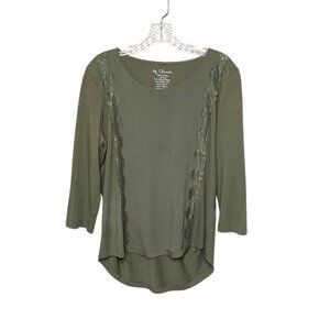 Chicos Olive Green 3/4 Sleeve Top Lace Detail Sz 1= M Cotton Blend Lightweight